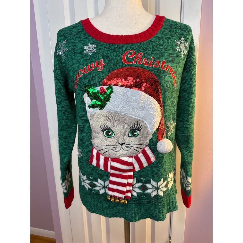 Isla Meowy Christmas Cat Sweater Green Sequin Santa Hat Jingle Bells Small